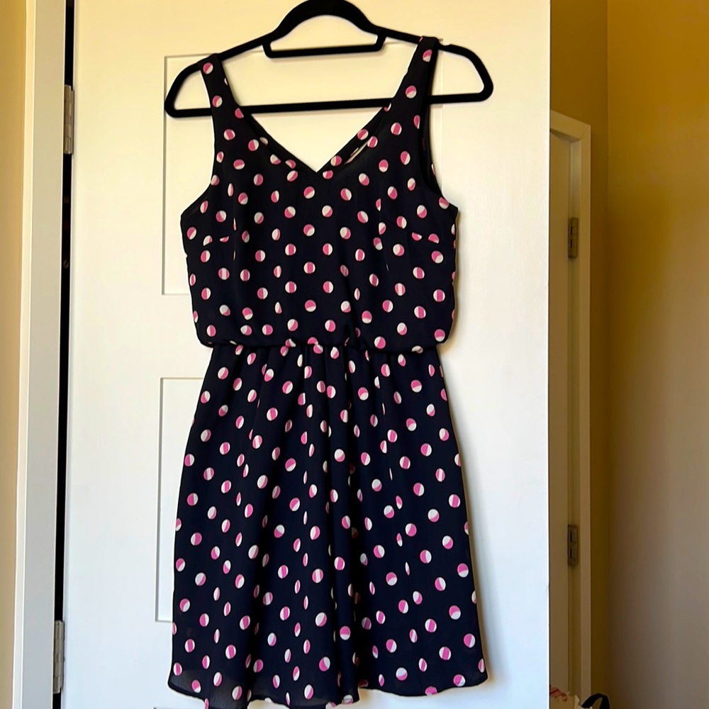 Lush: Navy Mini Dress size Small white/mauve pink polka dots, cross-strap back